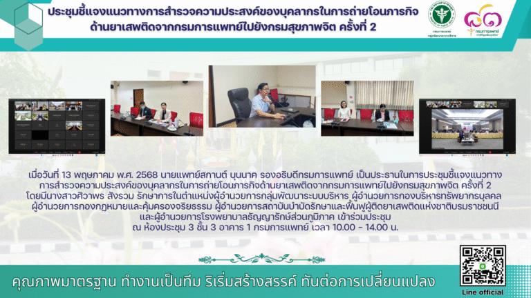 ประชุมชี้แจงแนวทางการสำรวจความประสงค์ของบุคลากรในการถ่ายโอนภารกิจ ด้านยาเสพติดจากกรมการแพทย์ไปยังกรมสุขภาพจิต ครั้งที่ 2